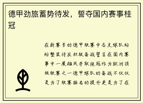 德甲劲旅蓄势待发，誓夺国内赛事桂冠